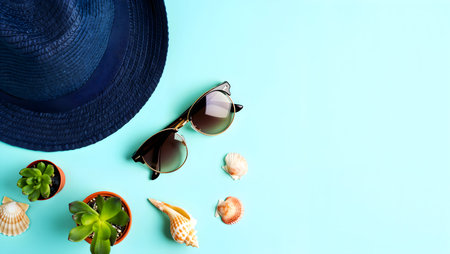 Straw hat, sunglasses and seashells on blue background. Flat lay, top viewの素材