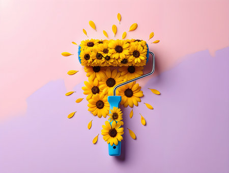 Paint roller with sunflowers on color background, top viewの素材