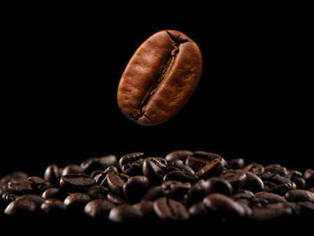 Coffee beans flying in the air on a black background.の素材