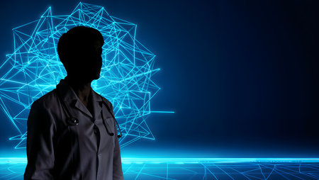Silhouette of businesswoman against blue background with hologram networkの素材