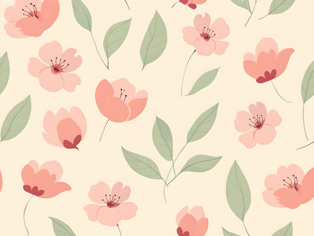 Seamless pattern with pink flowers and green leaves. Vector illustration.の素材