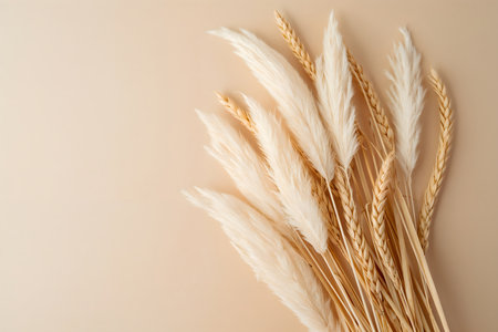 Dry pampas grass on beige background, top viewの素材