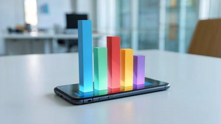 smartphone with colorful graph on table in office. 3d renderingの素材