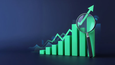 3d illustration of graph with magnifying glass over dark blue backgroundの素材