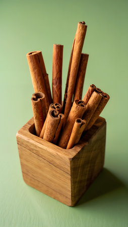 Cinnamon sticks in a wooden vase on a green background.の素材