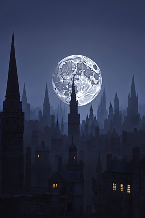 Fantasy cityscape with a full moon in the night sky.の素材