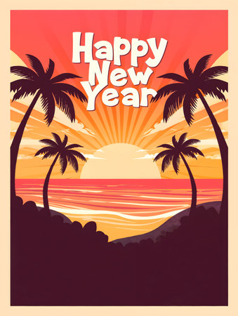 Happy new year card with palm trees and sunset. Vector illustration.の素材