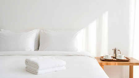 White pillow and blanket on bed decoration in bedroom interior with light from windowの素材