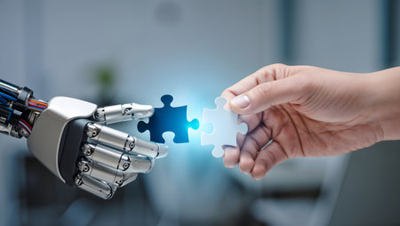 Robot hand connecting jigsaw puzzle with human hand on blurred background 3D renderingの素材