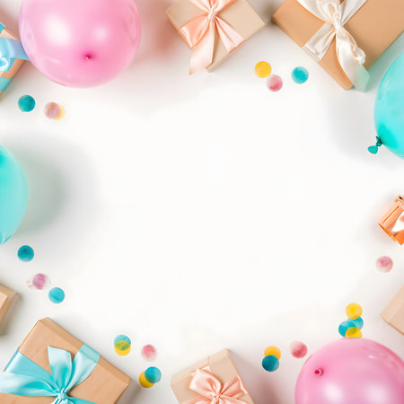Frame made of gift boxes, balloons and confetti on white backgroundの素材