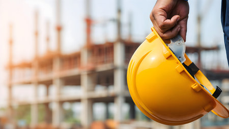 engineer hand holding yellow safety helmet on construction site with building backgroundの素材