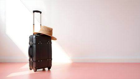 Traveler's suitcase with a straw hat on the floor in the roomの素材