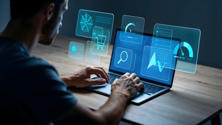 Cyber security and information protection. Internet and technology concept. Young man working on laptop at wooden table.の素材