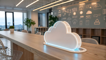 3d rendering of neon cloud icon on a wooden table in a meeting roomの素材