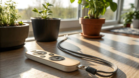 Power bank on a wooden table in the room with plants in potsの素材