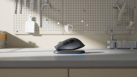 3d render of a computer mouse on the table in the bathroomの素材