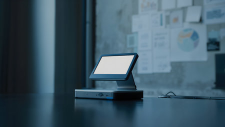 Close-up of computer monitor with blank screen on table in officeの素材