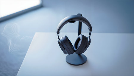 Headphones on a desk in a modern office. 3d renderingの素材