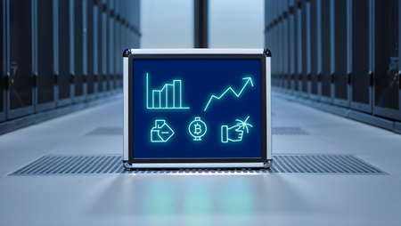 Laptop screen displaying a business growth concept on a server room backgroundの素材