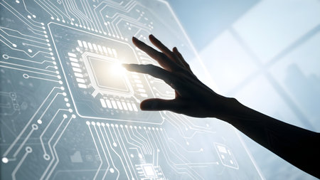 Close up of human hand touching with finger virtual panel with microcircuitの素材