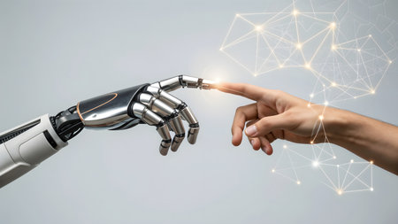 Close up of human hand and robot arm touching with finger network connectionの素材
