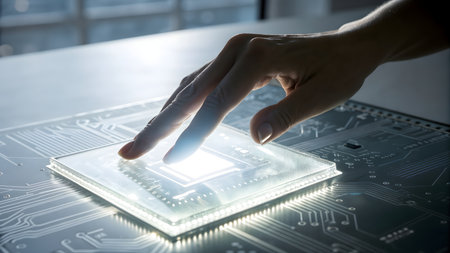 Close-up of human hand touching microcircuit board with fingerの素材
