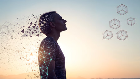 Side view of young man with low polygonal brain against sunsetの素材