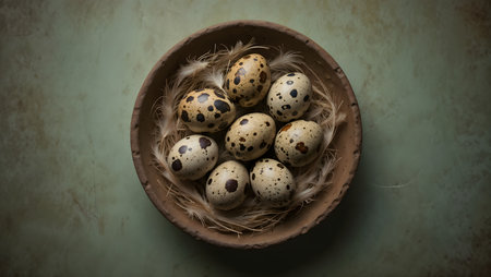 Quail eggs in a bowl on a green background. Toned.の素材