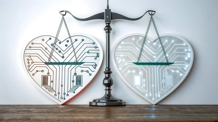 Conceptual image of digital heart with electronic circuit and scales of justiceの素材
