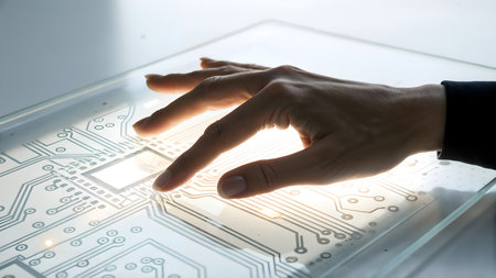 Close up of human hand touching screen of tablet computer with circuit boardの素材