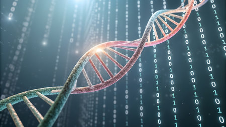 Digital background image presenting a DNA molecule with binary code 3D renderingの素材