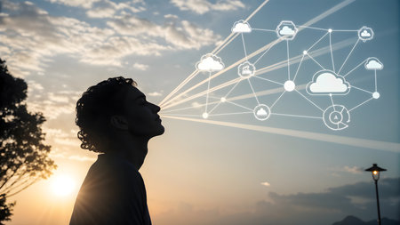 Young man with closed eyes looking at cloud computing concept over sunset skyの素材