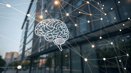 Creative brain sketch with glowing network connections on blurry city background. Artificial intelligence and neural networks concept. 3D Renderingの素材