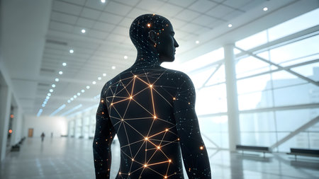 3D rendering of a man with wireframe projection of an artificial intelligenceの素材