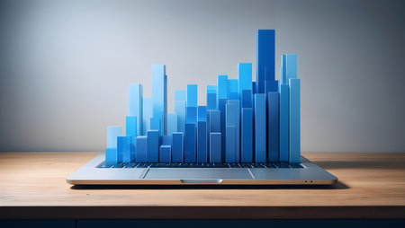 Laptop with blue bar chart on wooden table. 3d renderingの素材