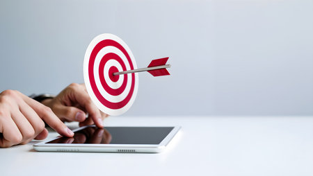 Businessman using digital tablet with target and arrow in the center.の素材