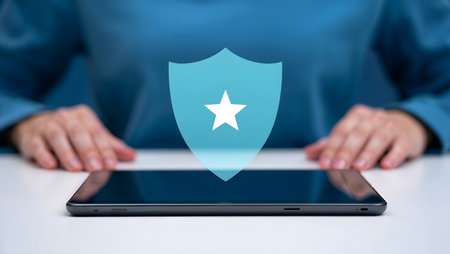 Tablet pc with security concept on screen held by a man in backgroundの素材