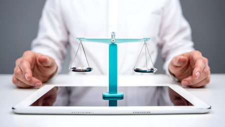 Businesswoman holding a scale of justice in front of a tablet computerの素材