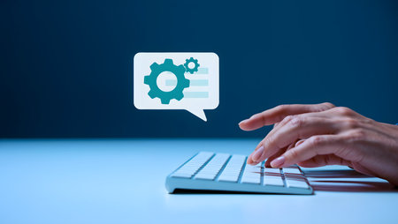 Digital composite of Hand with keyboard and speech bubble icon against blue backgroundの素材