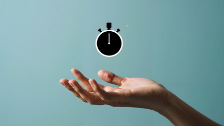 Close up of human hand holding stopwatch icon. Time management conceptの素材