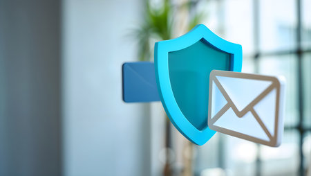 Digital composite of Email icons with shield and mobile phone in blurry officeの素材