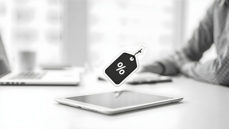 Sale tag on virtual screen. Online shopping concept. Black and whiteの素材