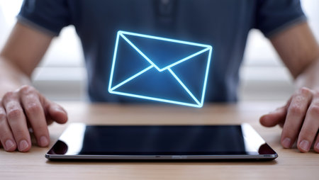 Man using tablet with email icon on screen. Email marketing concept.の素材