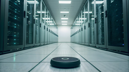Modern server room interior with a robotic vacuum cleaner in the foreground.の素材