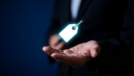 Businessman hand showing digital tag icon on blue background. 3D renderingの素材