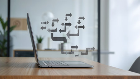 Laptop with arrows on screen on wooden table in office 3d renderingの素材