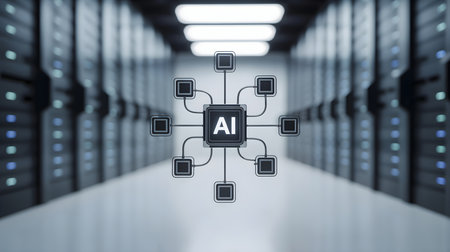AI Artificial intelligence (AI) concept on server room background. 3D renderingの素材