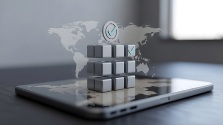 3d rendering of a stack of cubes in front of a tablet computerの素材