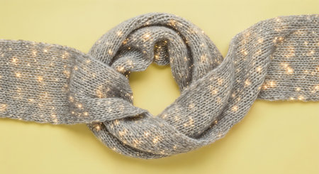 Warm gray scarf with garland on yellow background. Top view.の素材