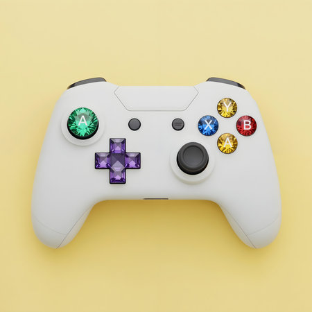 White gamepad on yellow background. 3d rendering. Computer digital drawing.の素材